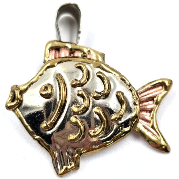SJ Taxco Copper Angel Fish Necklace Pendant Tri Tone Metal Mexico 1.25" x 1.50" - Picture 1 of 5